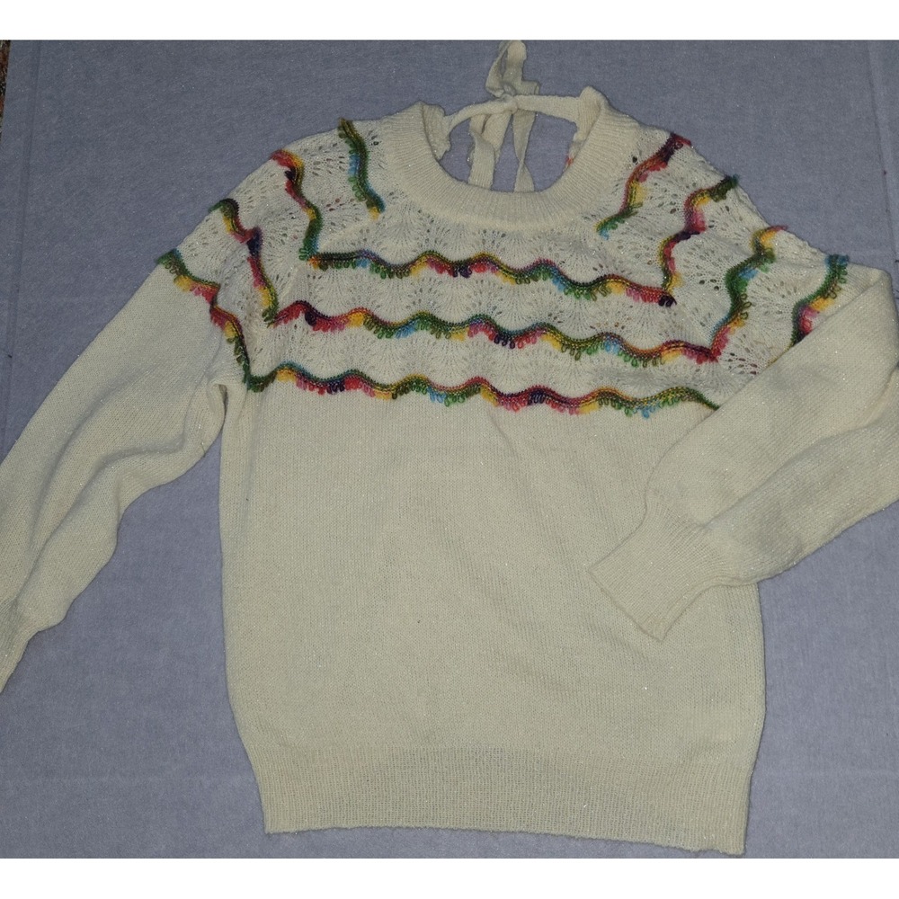 ANDtheWhyWomens Rainbow Texture Long Balloon Sleeve Beige Sweater Sz M/L